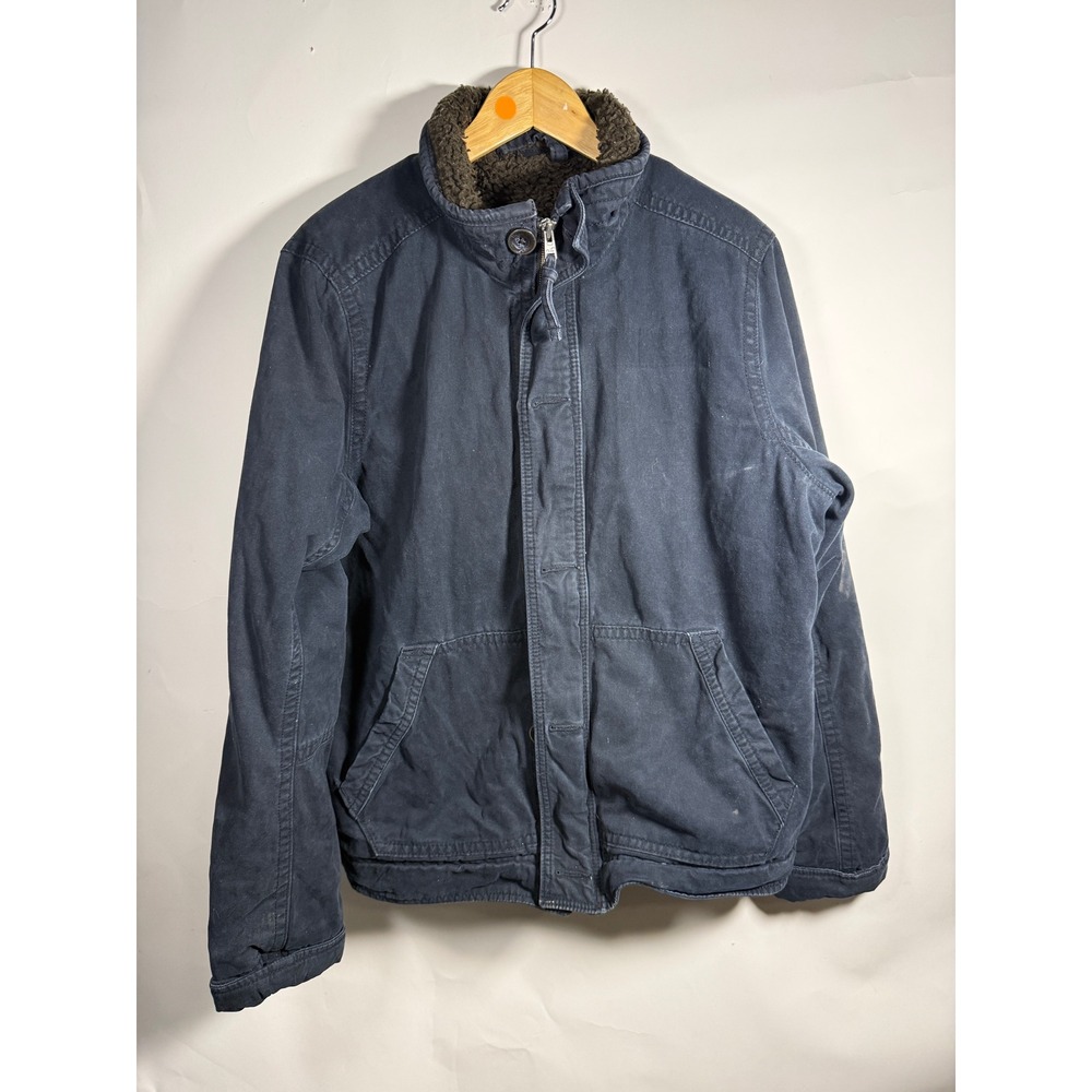 Hollister Mens Sherpa Lined Canvas Jacket Navy Blue XL Full Zip Winter Coat